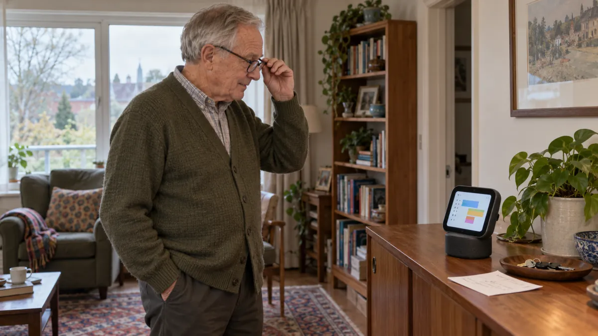 A father puts on his glasses to check a tabletop smart display beside a paper reminder.