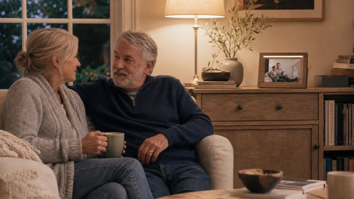 A couple relaxing and talking in their living room while Bondi displays a family photo nearby