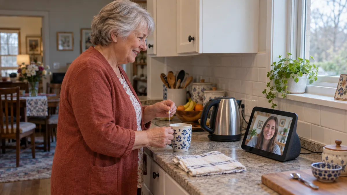 A mother makes tea while video calling her daughter on a smart display in her kitchen.