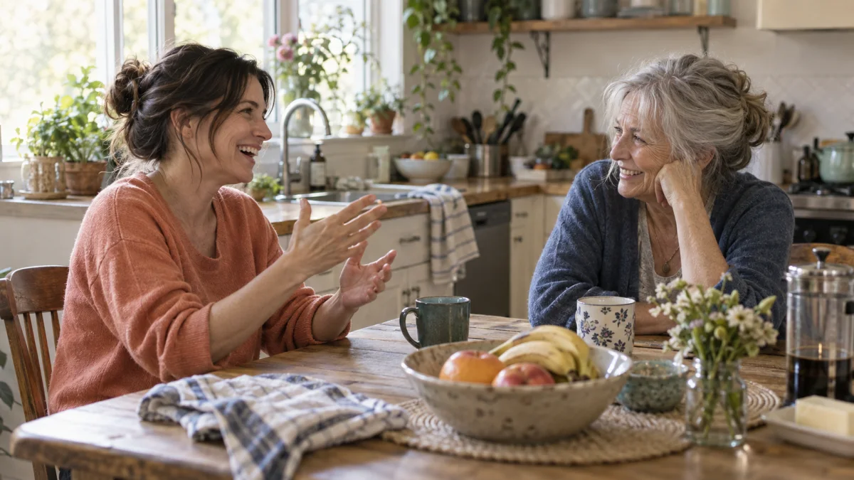 An adult daughter and her older mother talk together at a kitchen table.
