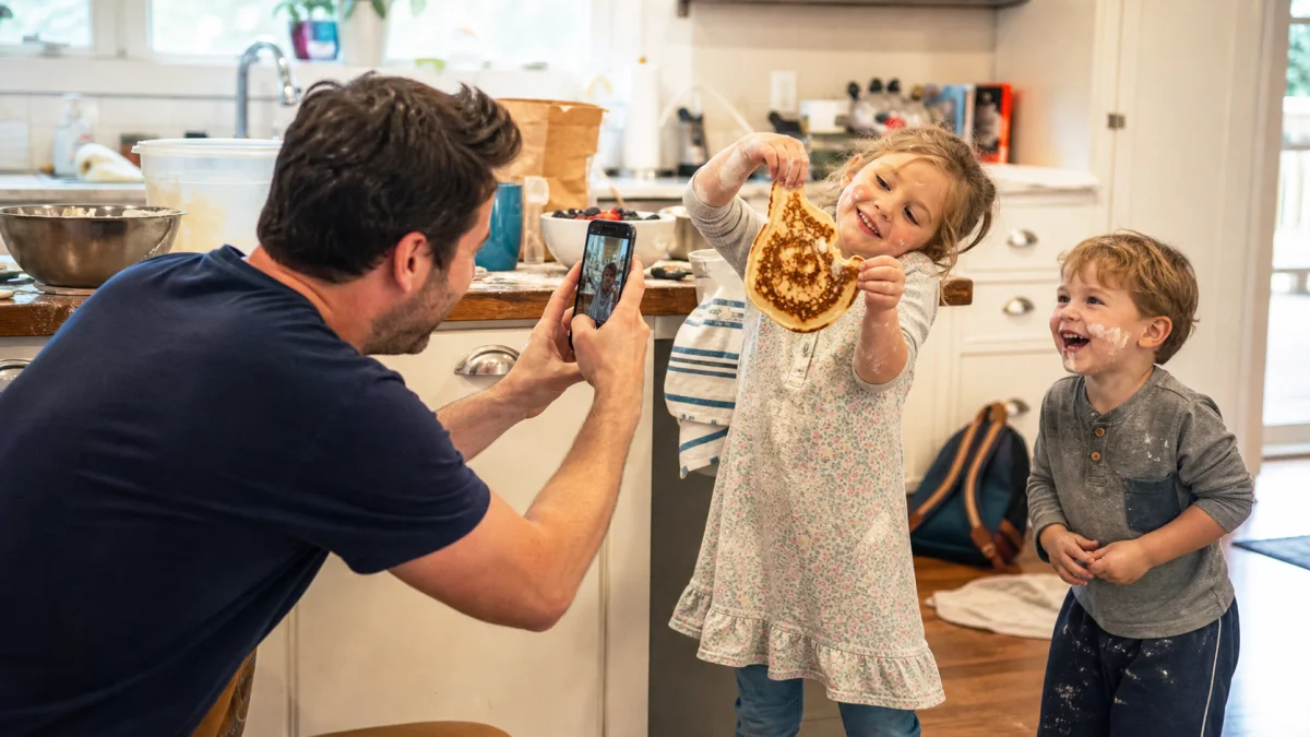 A father photographing his children laughing over a lopsided pancake in a messy family kitchen