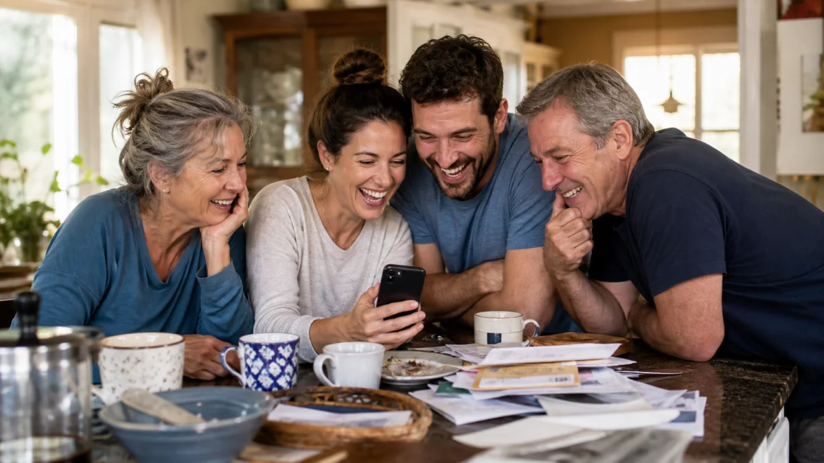 An American family laughing together over a phone during a casual Sunday brunch