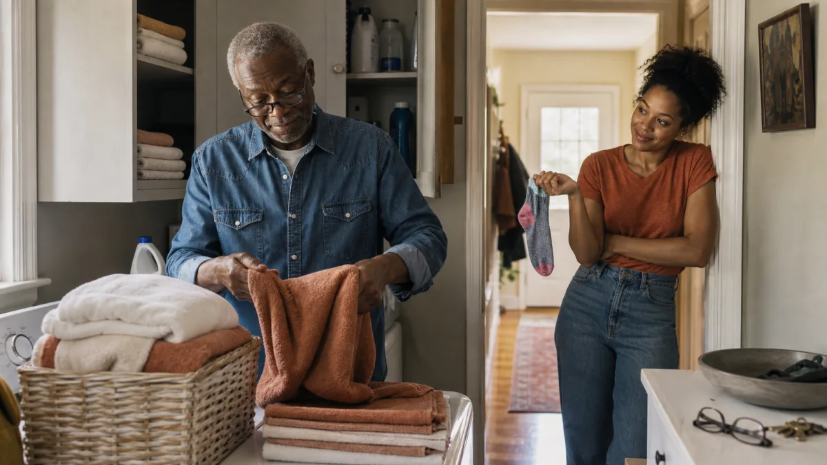 A father folding towels while his adult daughter holds up a mismatched sock in their family laundry room