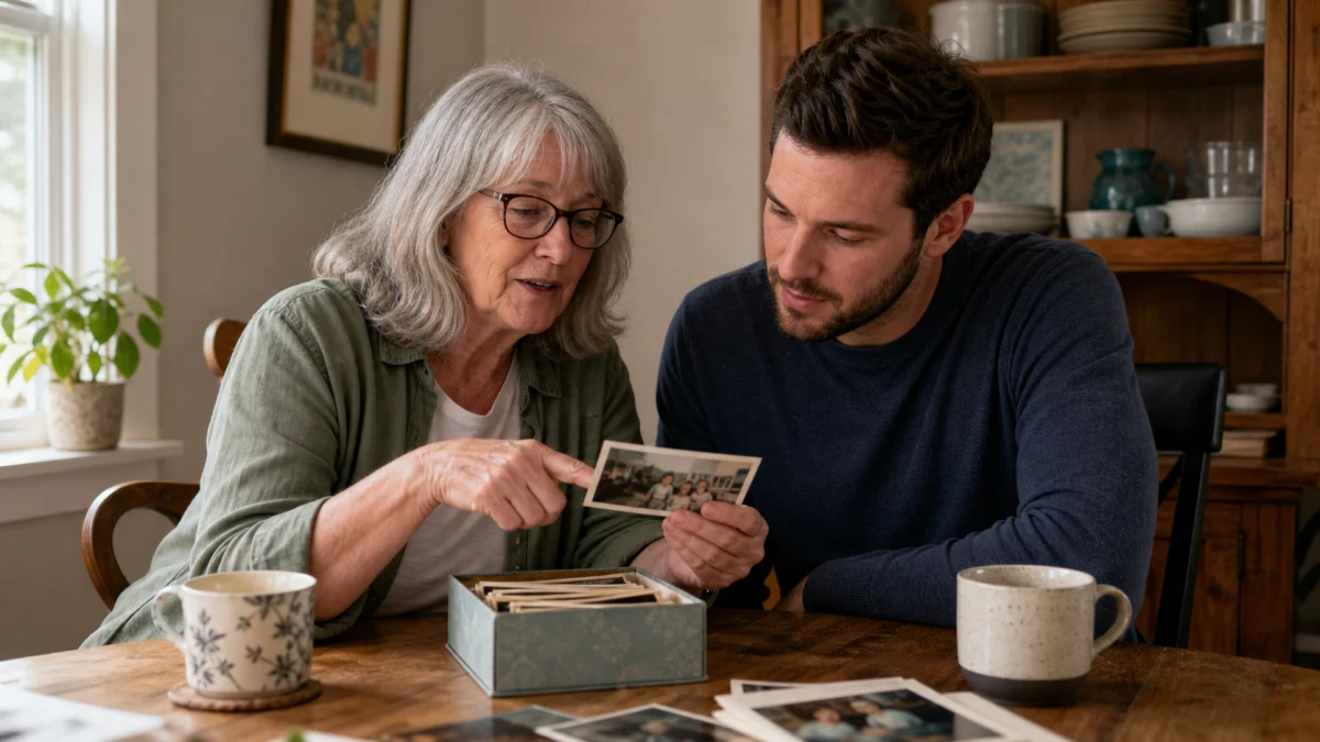 A mother showing her adult son a detail in an old family photograph at the dining table