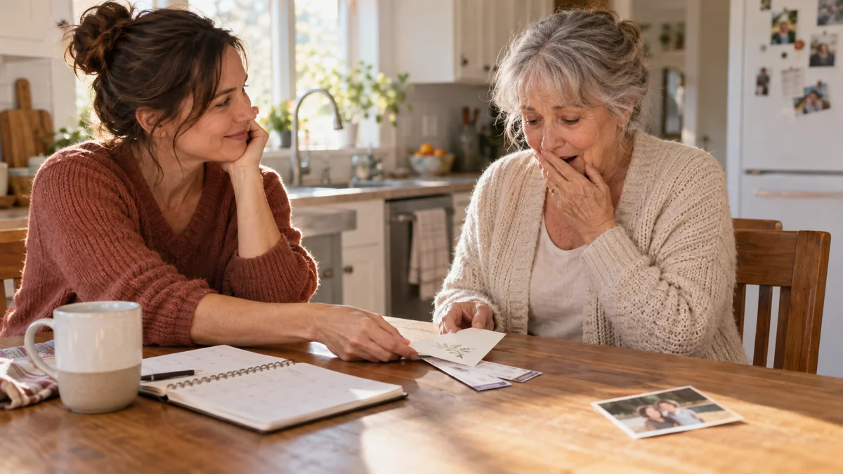 An adult daughter gives her mother an experience card and tickets at the kitchen table