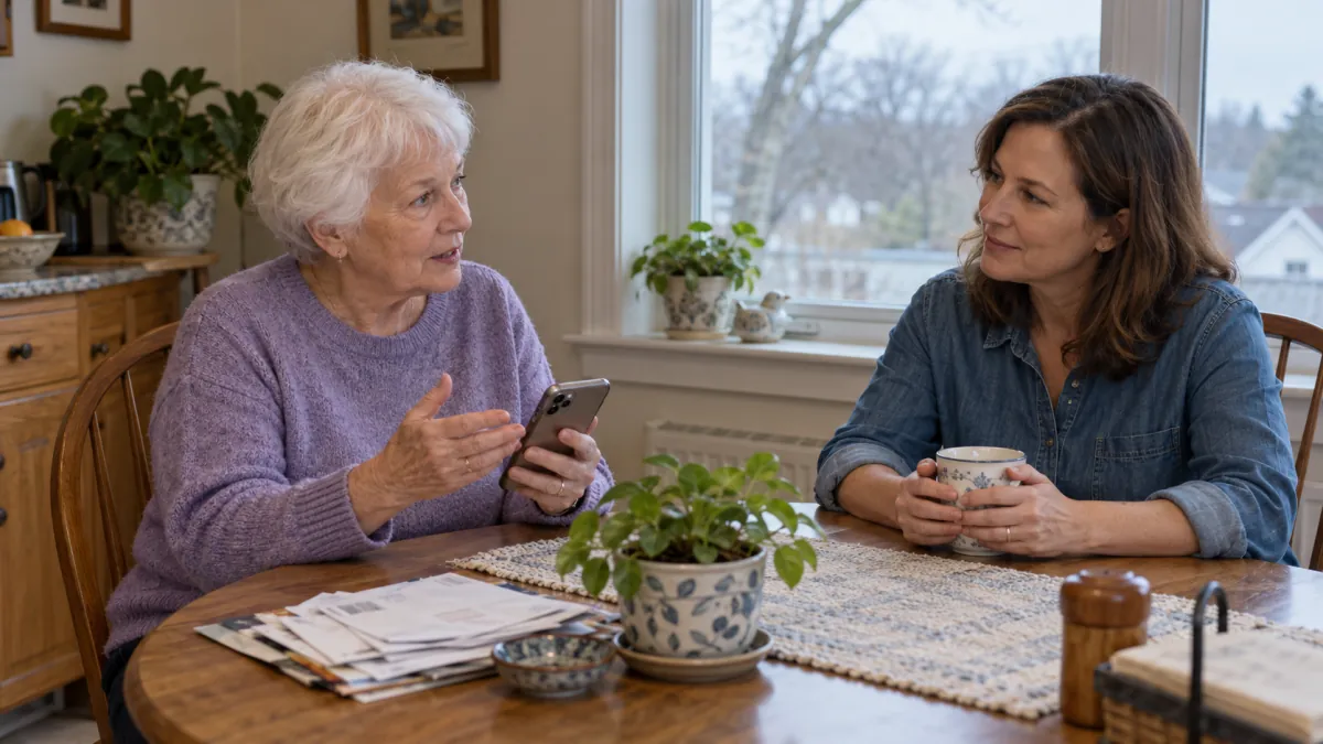 A mother holds her phone while her adult daughter listens across the kitchen table.
