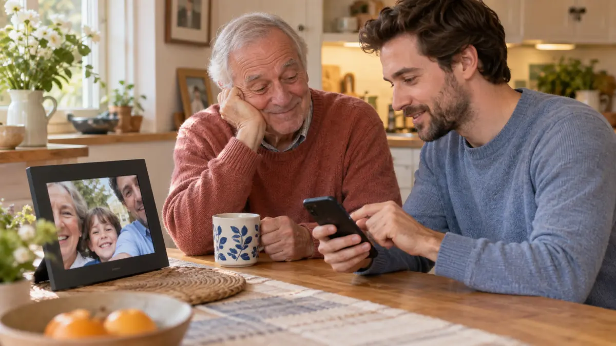 An older father and his adult son look at a phone together beside a family photo frame.
