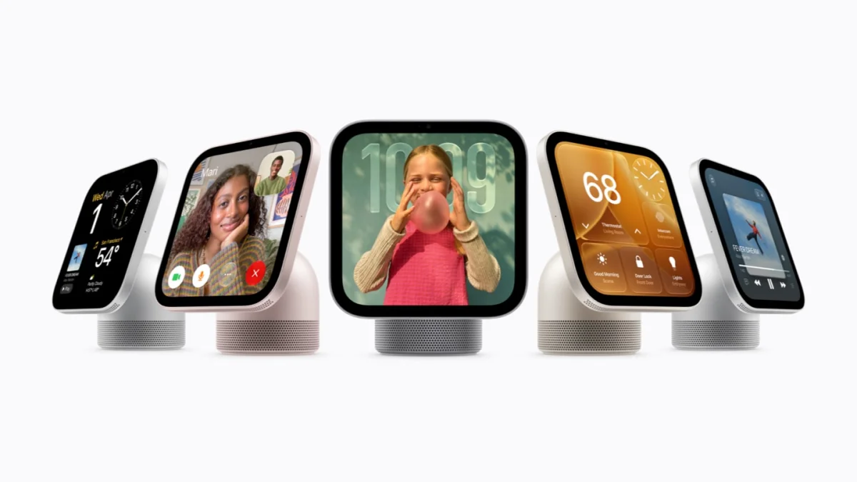 Five Apple HomeView tabletop devices show calls, photos, smart-home controls, weather, and music.