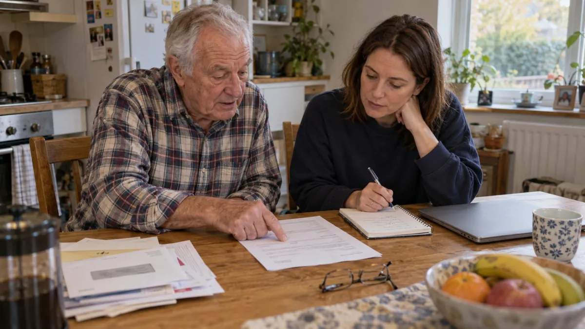 A father and daughter work through a letter and write a checklist at the kitchen table.