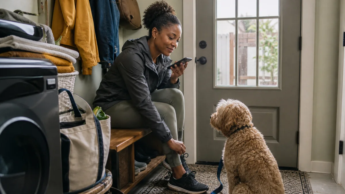 A woman recording a short family voice note while getting ready to walk her dog