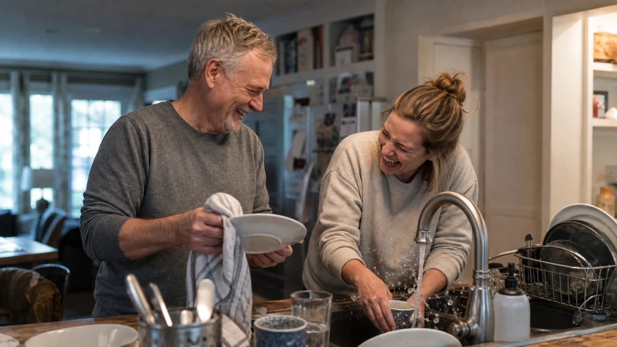 A father and his adult daughter laughing together while washing dishes after dinner