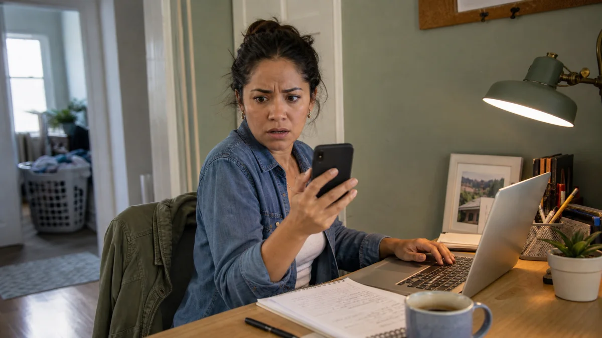 An adult daughter pausing work with a worried look after checking a message from a parent