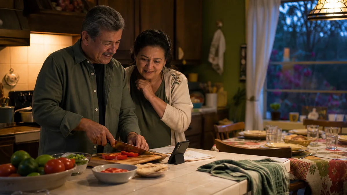 Parents cooking dinner together while listening to a voice message from their adult child