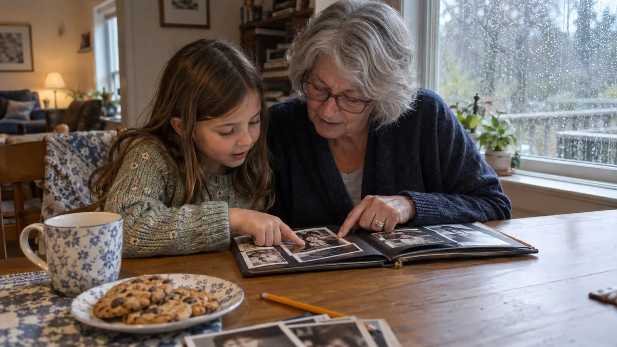 A grandmother and child look through a family photo album together on a rainy afternoon