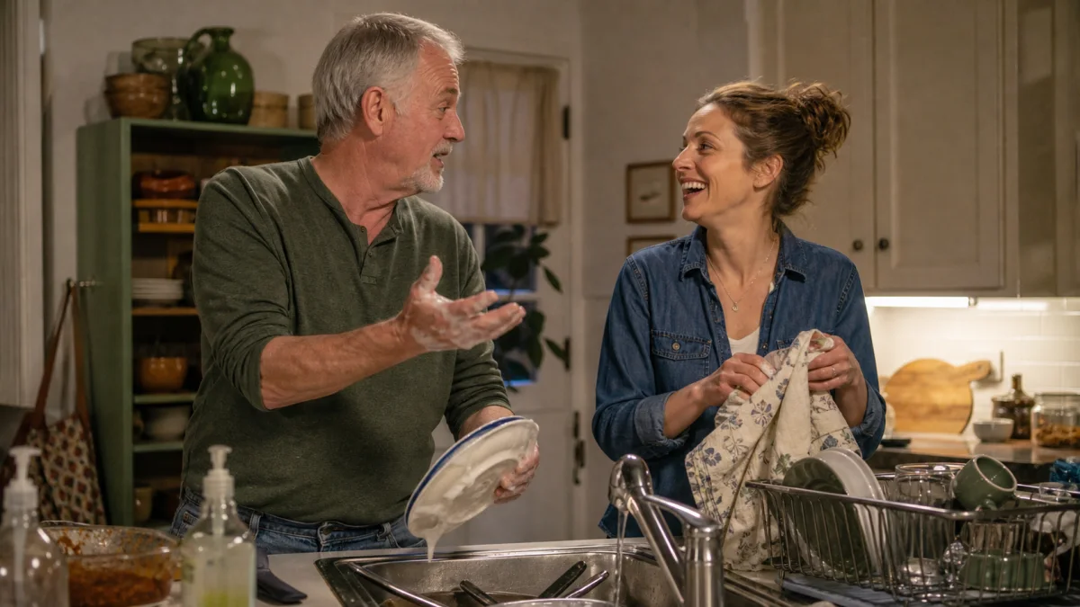 An adult daughter listening to her father tell a story while they wash dishes together