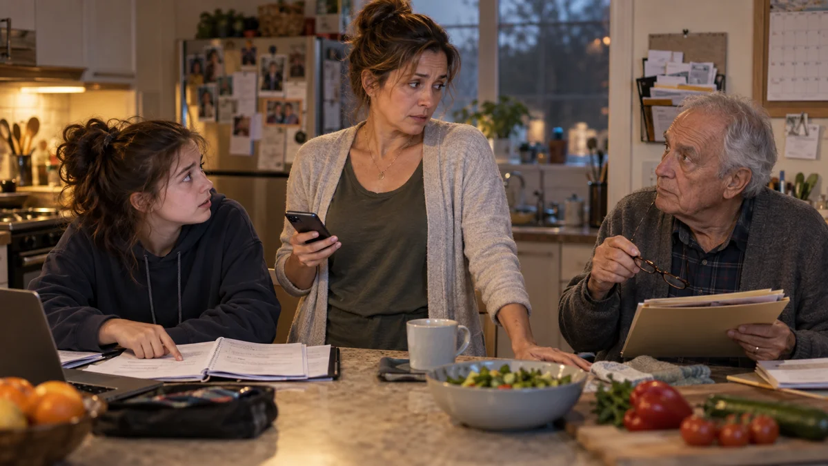 A middle-aged woman balancing her teenage daughter's homework and her father's paperwork