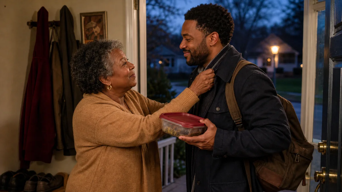 A mother adjusting her adult son’s coat and handing him leftovers at the front door