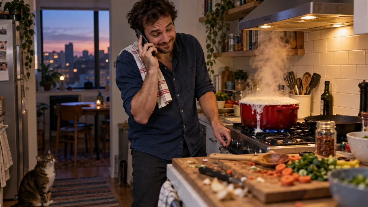 An adult son speaks on the phone while cooking dinner at home.