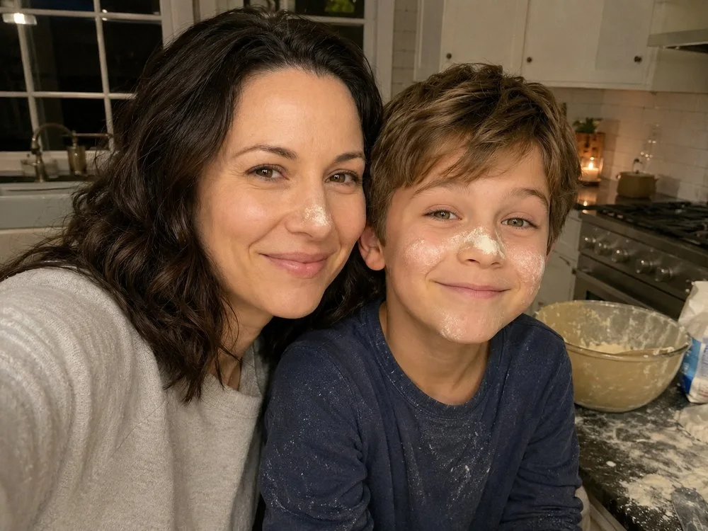 A still from a playful family baking moment