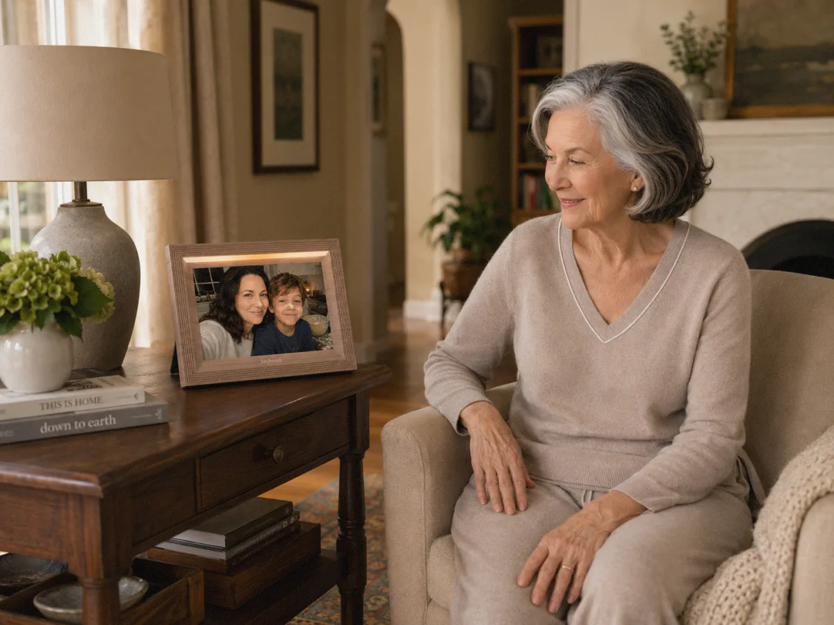 An older woman relaxing in her armchair, smiling at the Bondi frame on the side table beside her, its display lit with a family photo