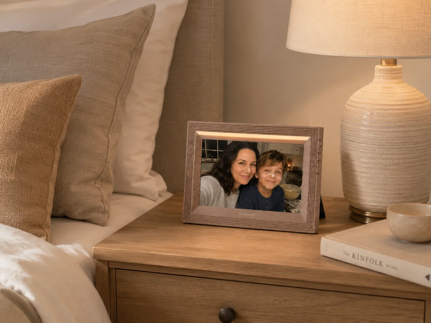 Bondi on a bedside table next to a lamp