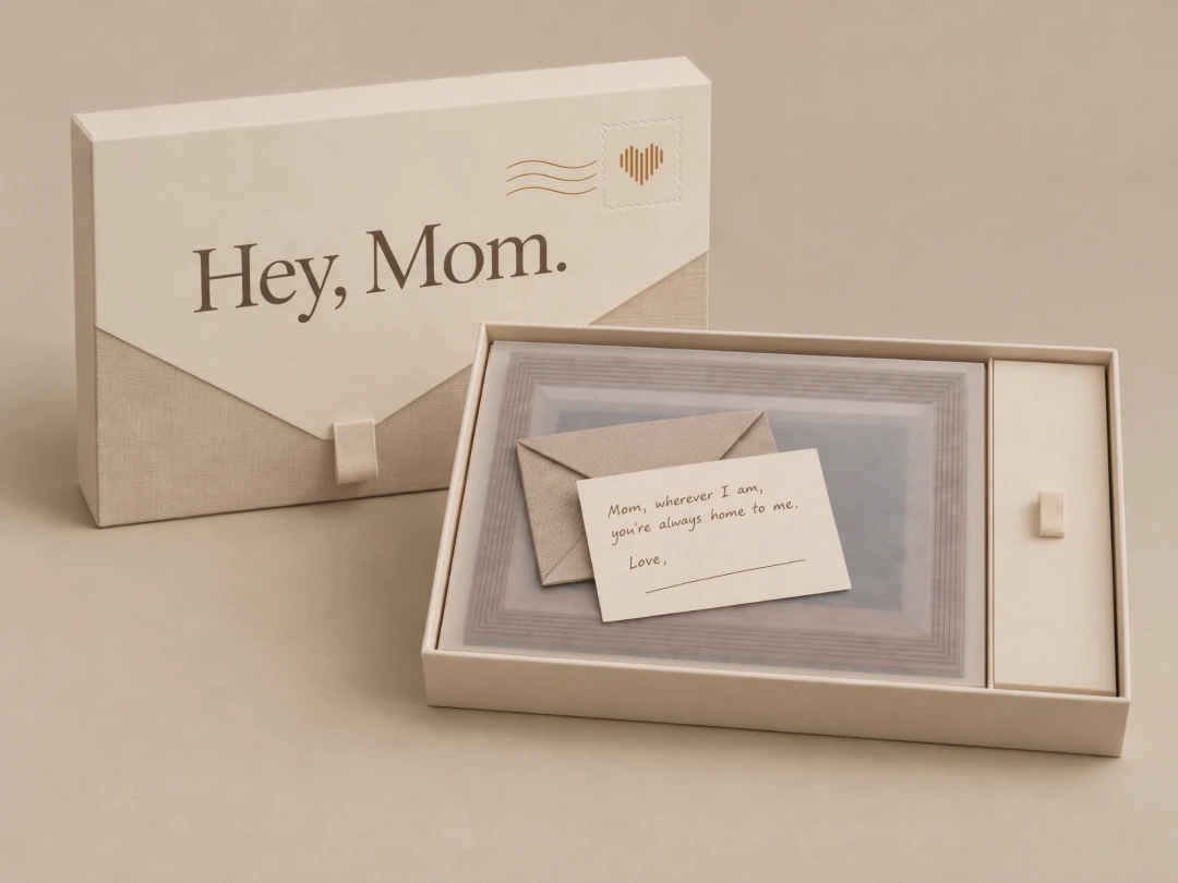 Bondi in its "Hey, Mom." gift box, with a handwritten note card