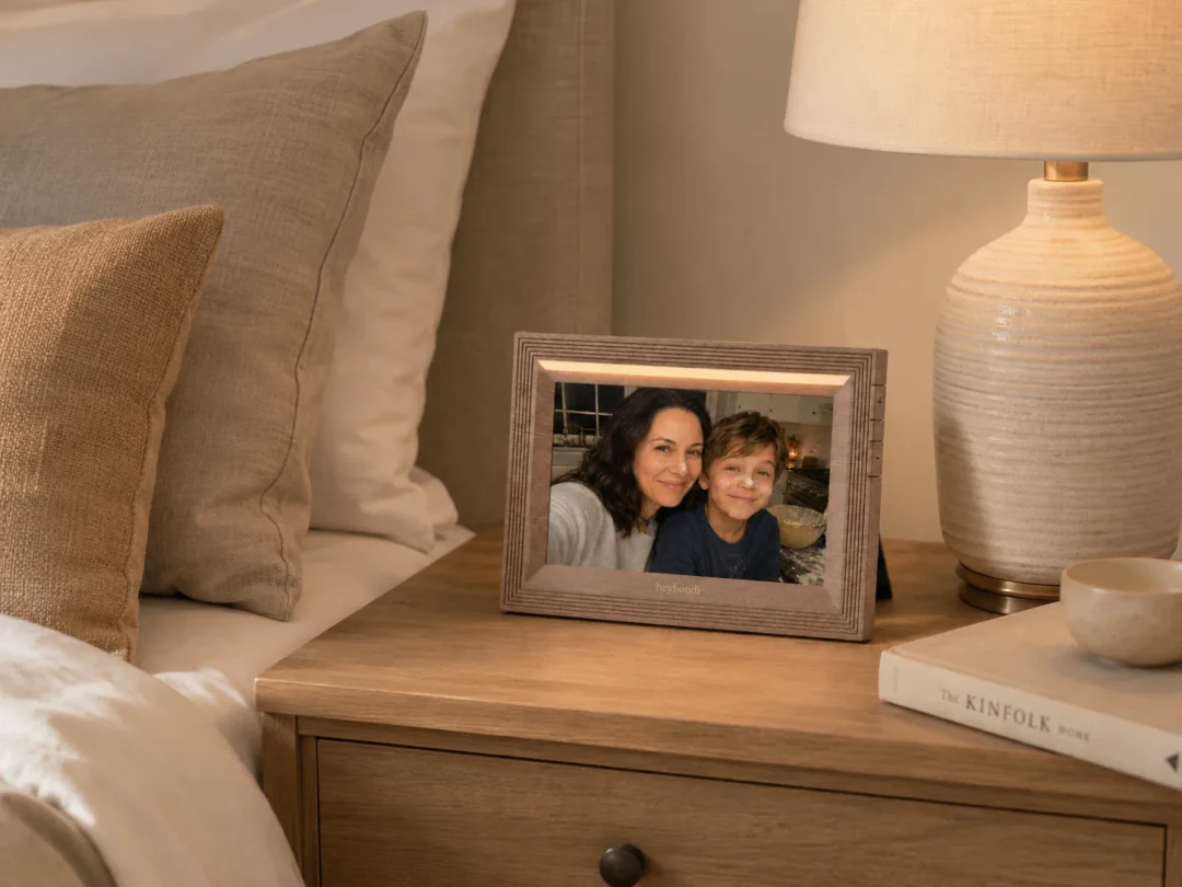 Bondi on a bedside table next to a lamp
